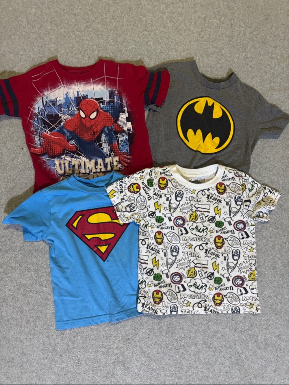 Lot of Four (4) Boys 3T Superhero Tees - Spider-Man, Batman, Superman, Avengers
